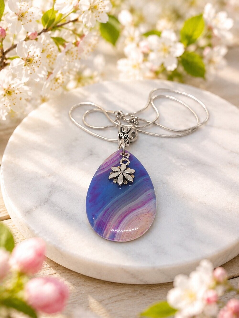 Purple Agate Teardrop Pendant Necklace With Silver Flower Charm